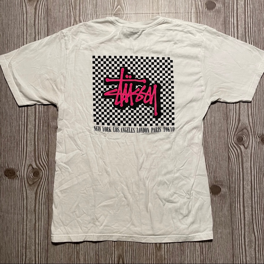 White and Pink Stüssy Front and Back Print Shirt